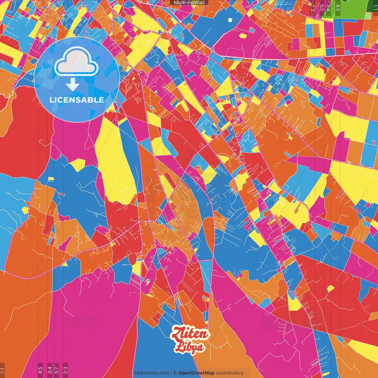 Zliten, Libya Crazy Colorful Street Map Poster Template