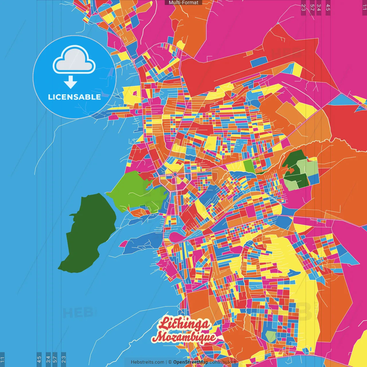Lichinga, Mozambique Crazy Colorful Street Map Poster Template