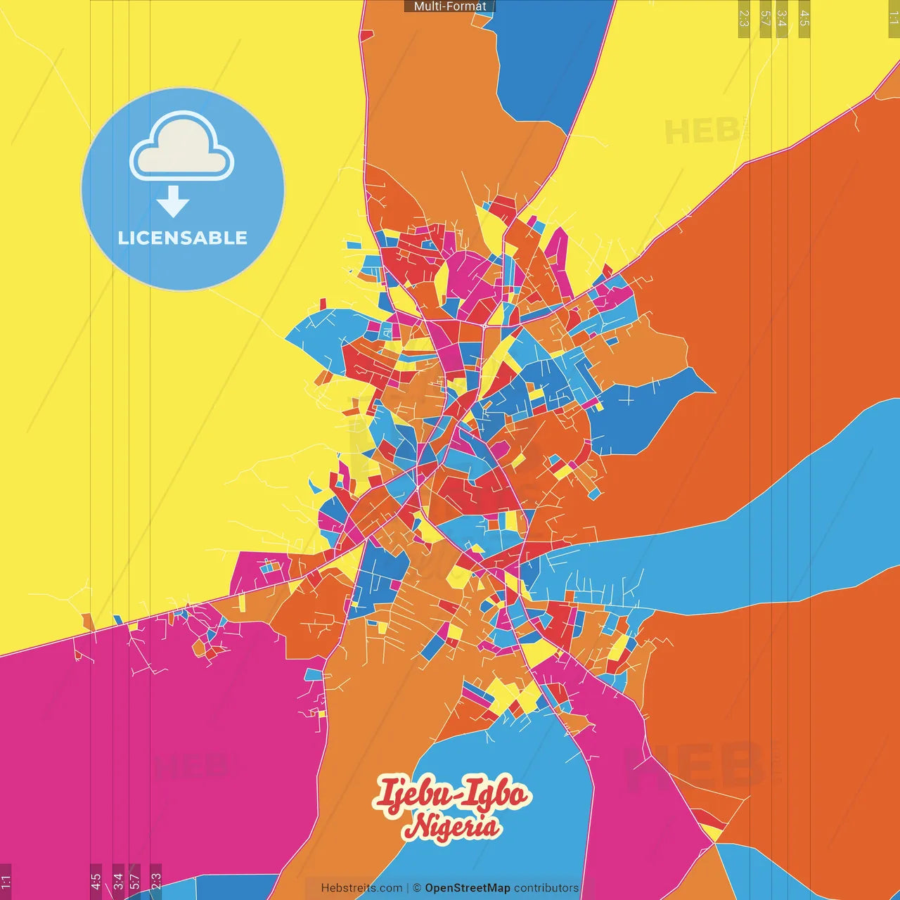 Ijebu-Igbo, Nigeria Crazy Colorful Street Map Poster Template