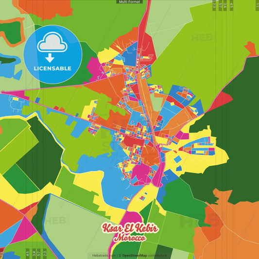 Ksar El Kebir, Morocco Crazy Colorful Street Map Poster Template