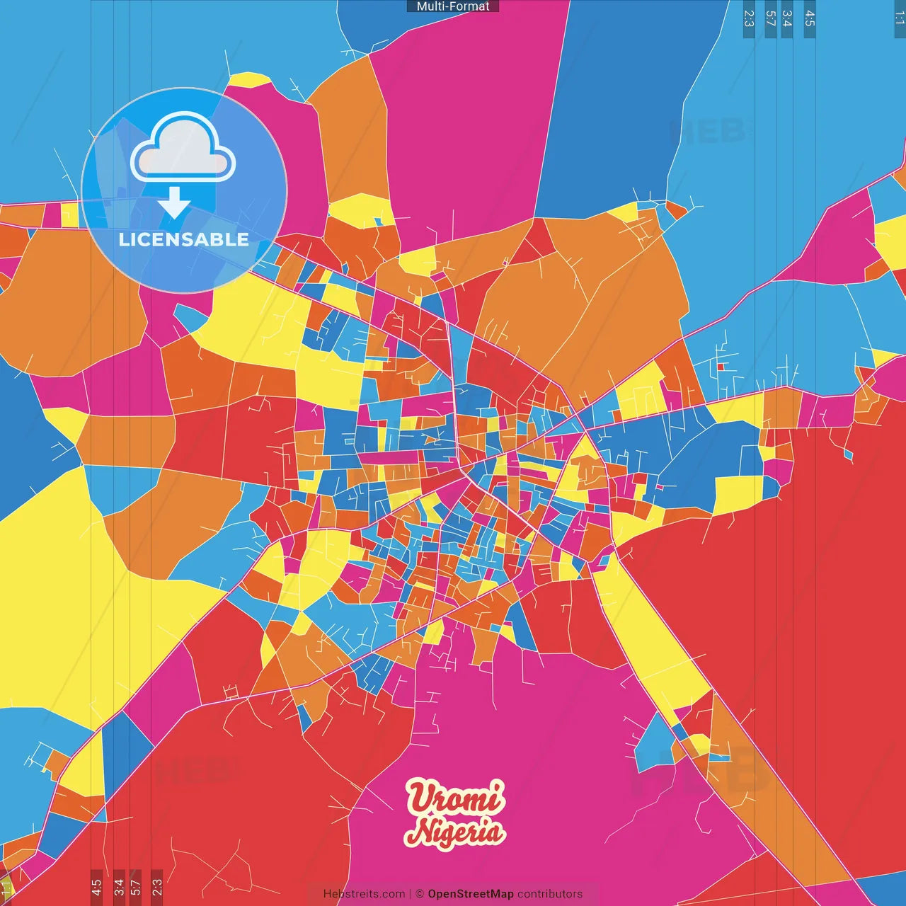 Uromi, Nigeria Crazy Colorful Street Map Poster Template