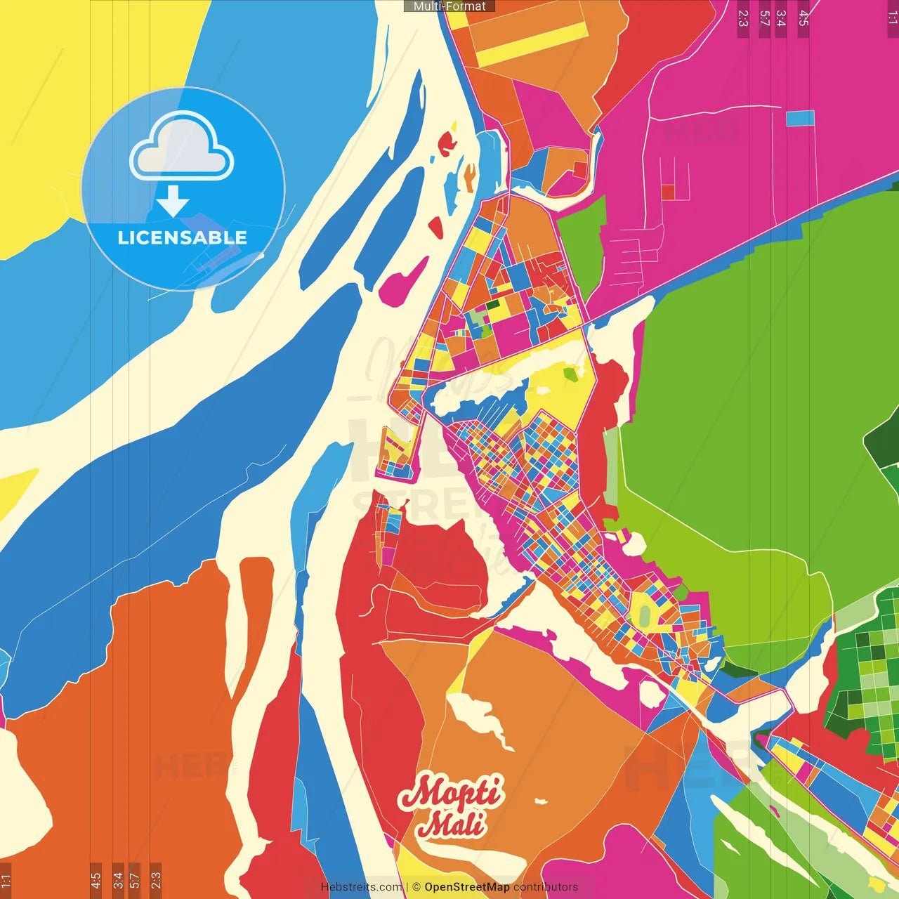 Mopti, Mali Crazy Colorful Street Map Poster Template