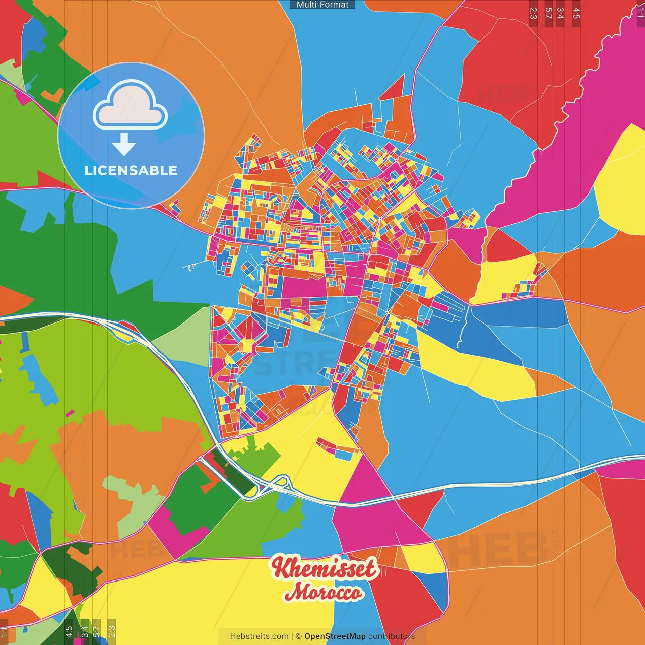 Khemisset, Morocco Crazy Colorful Street Map Poster Template
