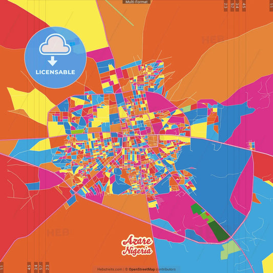 Azare, Nigeria Crazy Colorful Street Map Poster Template