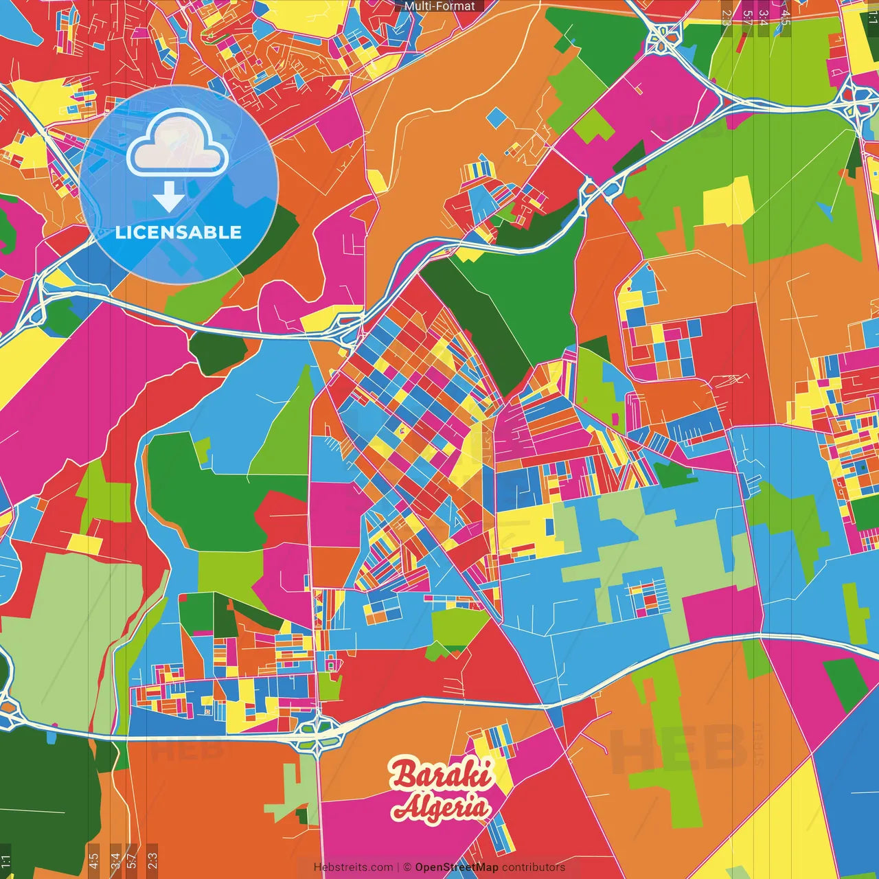 Baraki, Algeria Crazy Colorful Street Map Poster Template