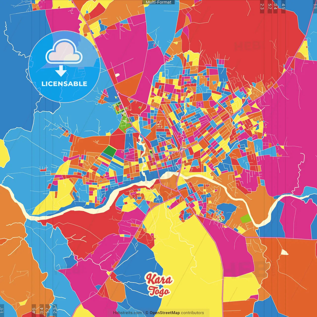 Kara, Togo Crazy Colorful Street Map Poster Template