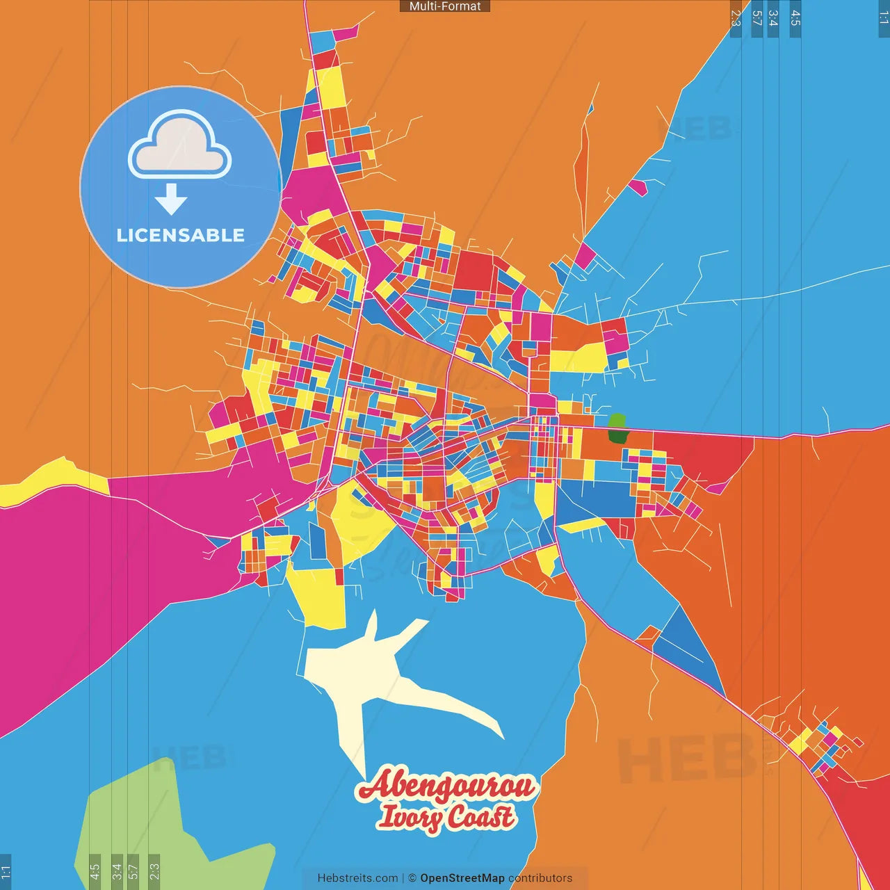 Abengourou, Ivory Coast Crazy Colorful Street Map Poster Template