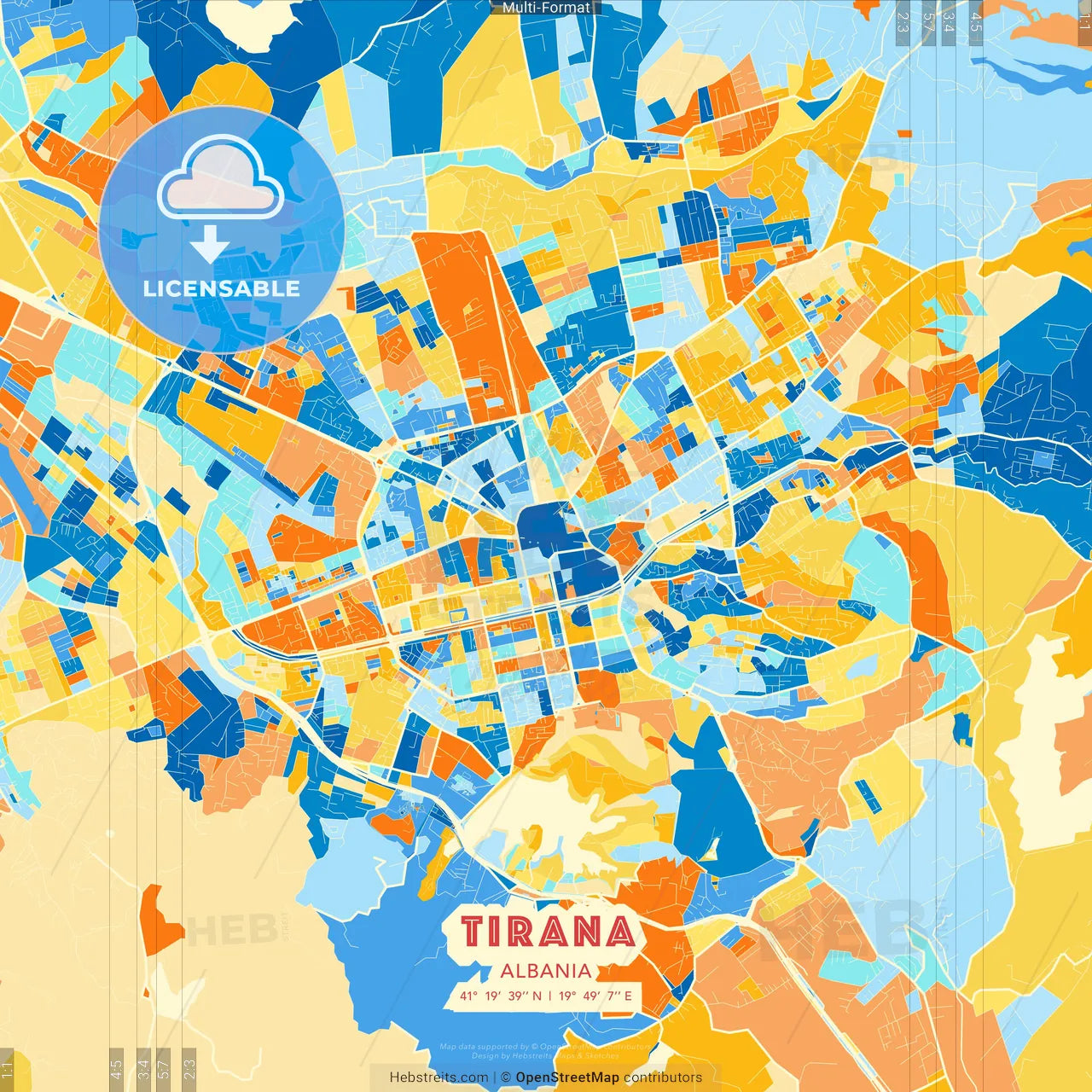 Tirana, Albania blue and orange vector art map template
