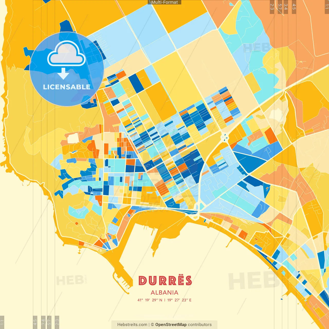 Durrës, Albania blue and orange vector art map template