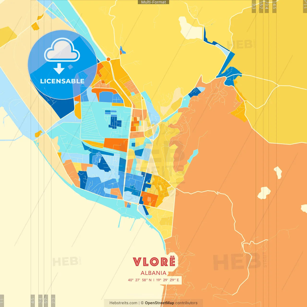 Vlorë, Albania blue and orange vector art map template