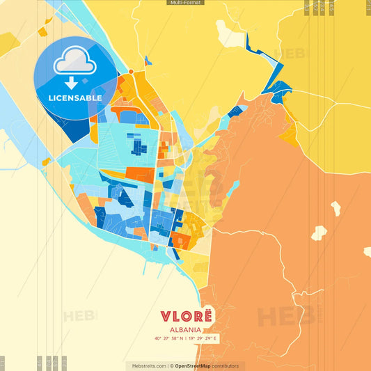 Vlorë, Albania blue and orange vector art map template