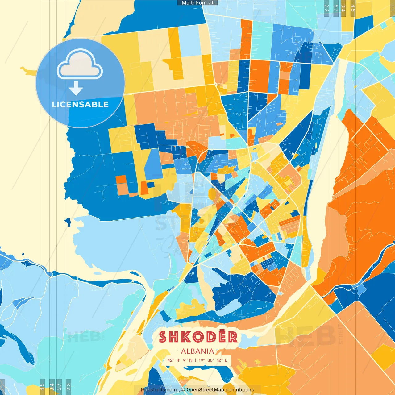 Shkodër, Albania blue and orange vector art map template