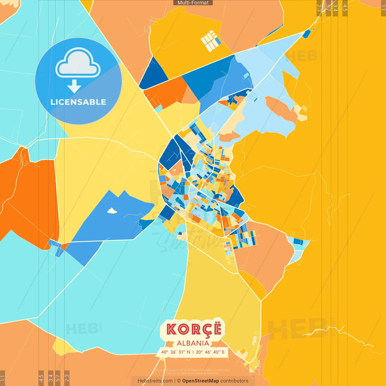 Korçë, Albania blue and orange vector art map template