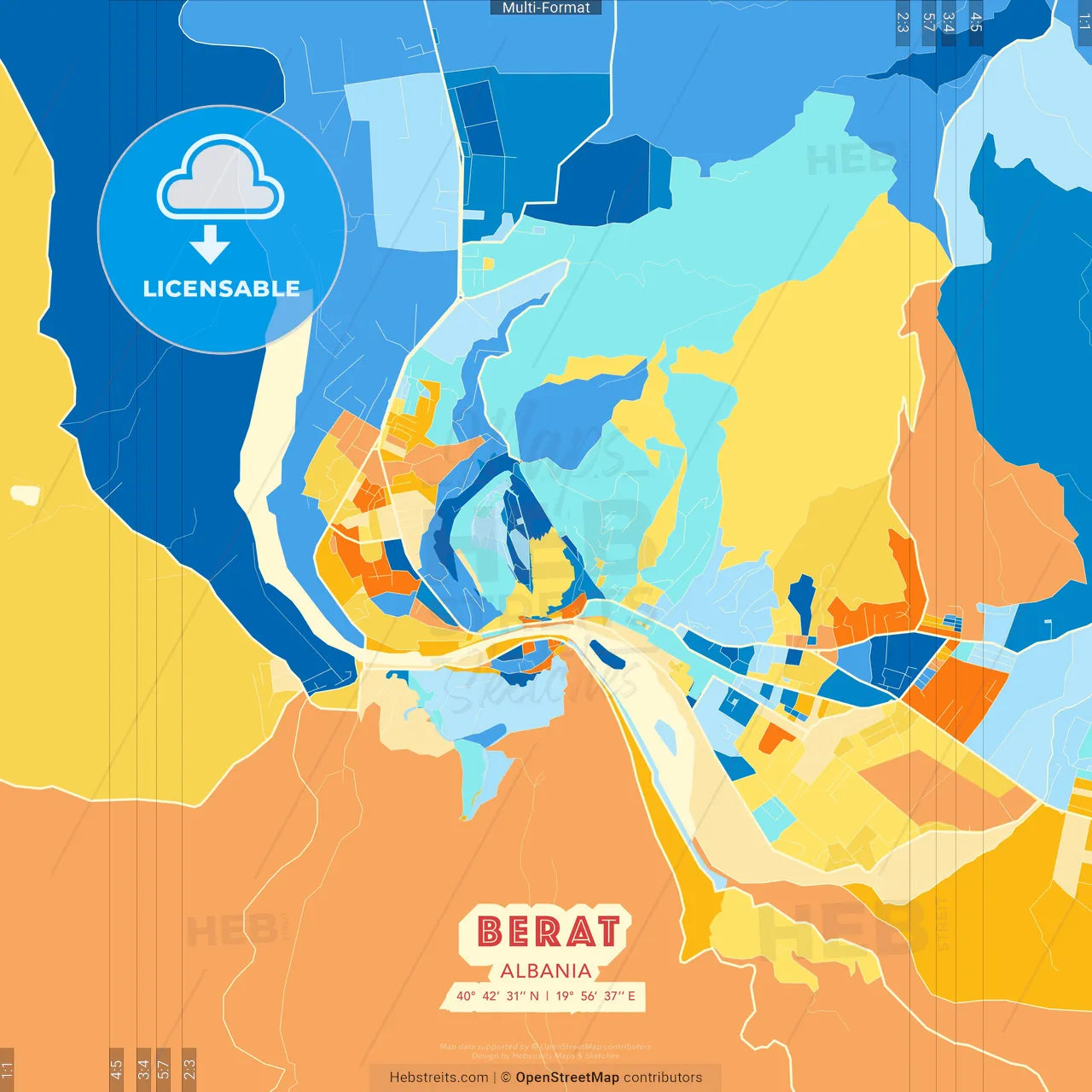 Berat, Albania blue and orange vector art map template