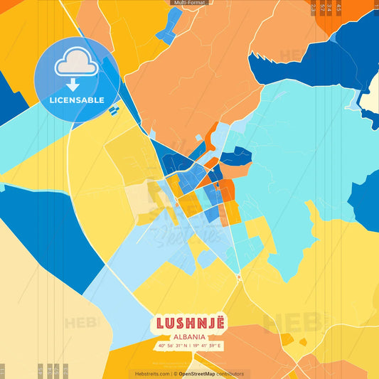 Lushnjë, Albania blue and orange vector art map template