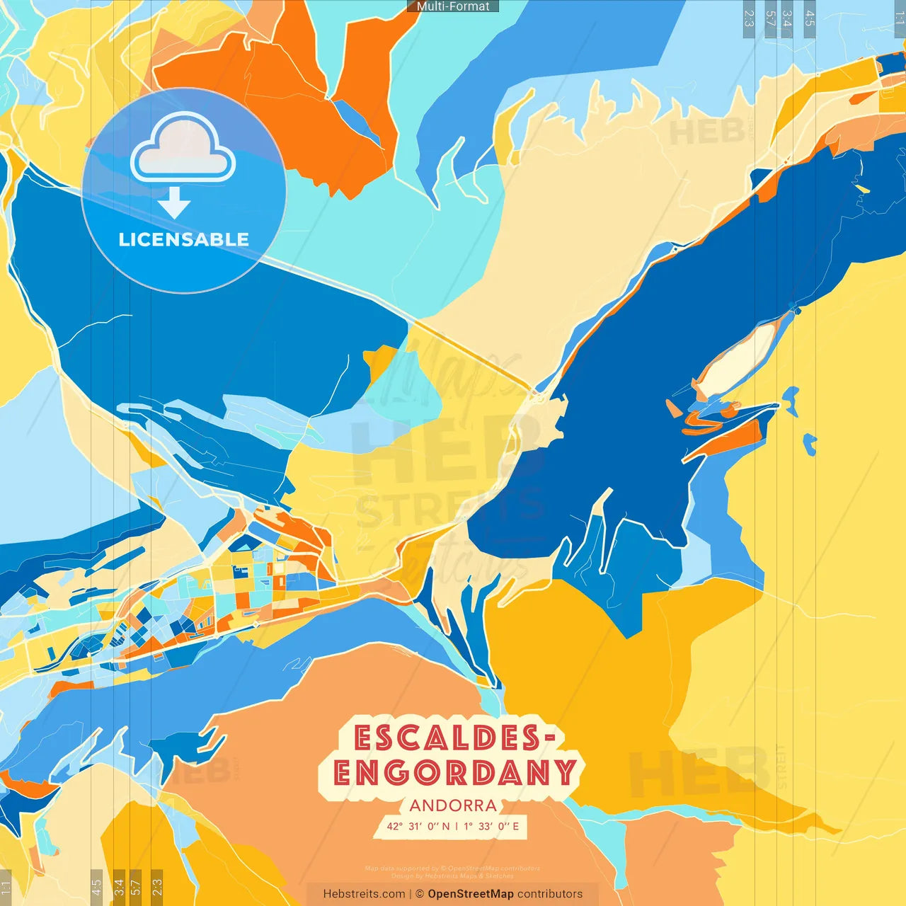 Escaldes-Engordany, Andorra blue and orange vector art map template