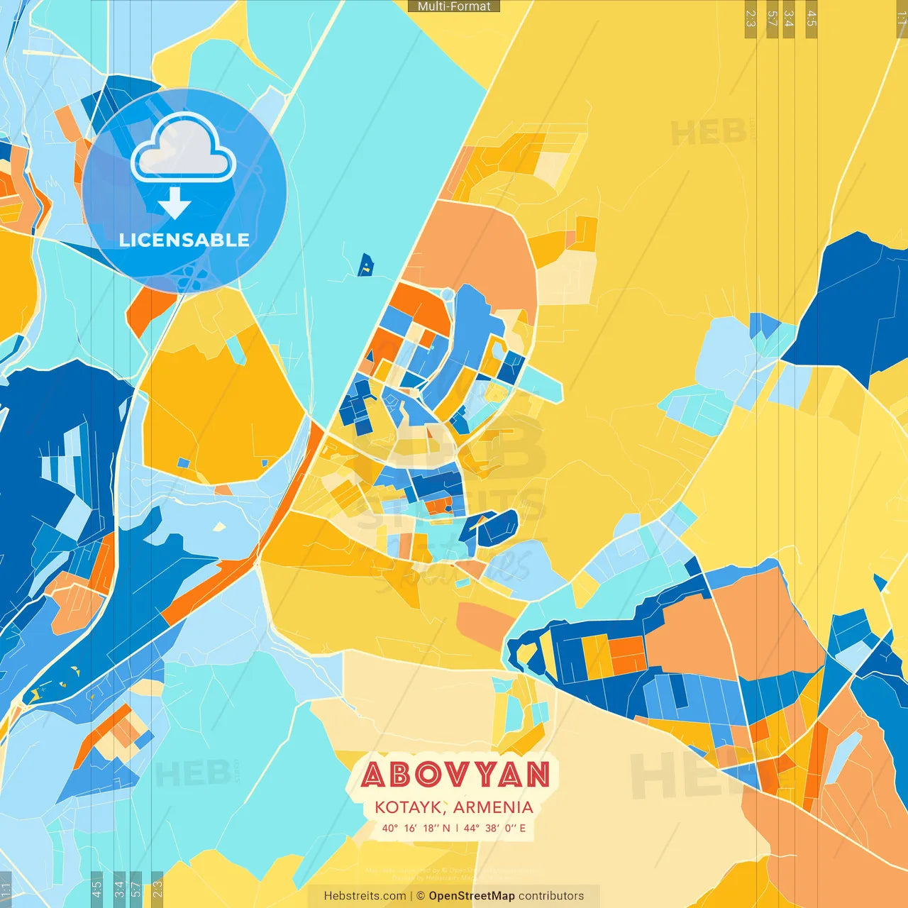 Abovyan, Kotayk, Armenia blue and orange vector art map template