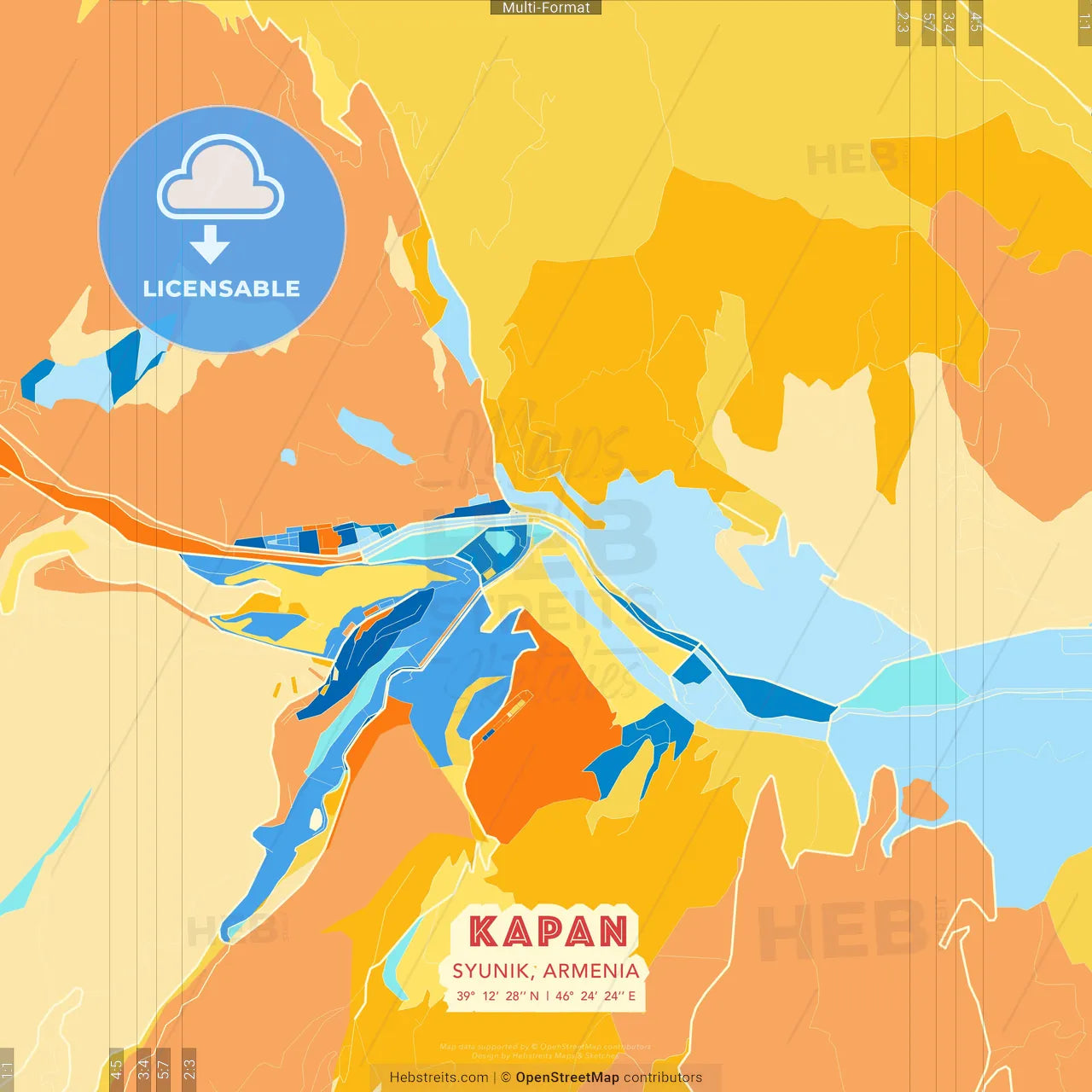 Kapan, Syunik, Armenia blue and orange vector art map template