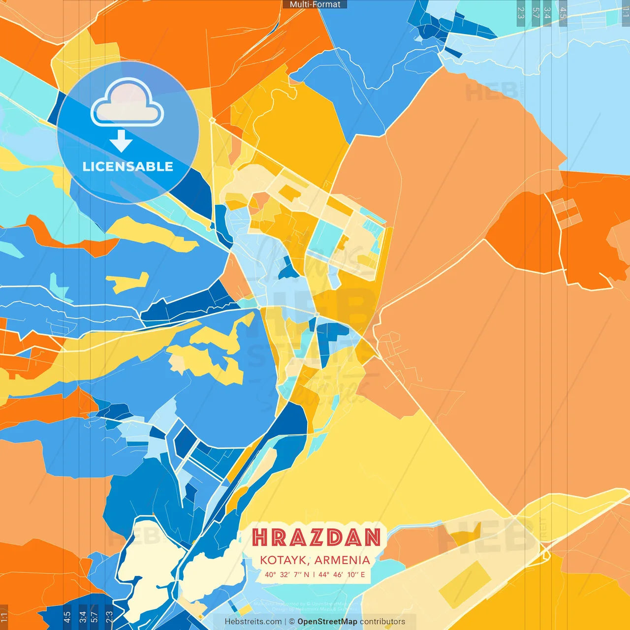 Hrazdan, Kotayk, Armenia blue and orange vector art map template