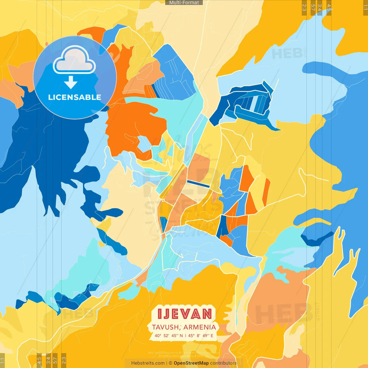 Ijevan, Tavush, Armenia blue and orange vector art map template