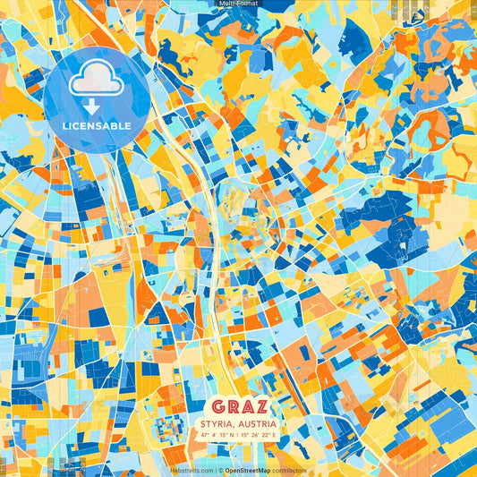 Graz, Styria, Austria blue and orange vector art map template