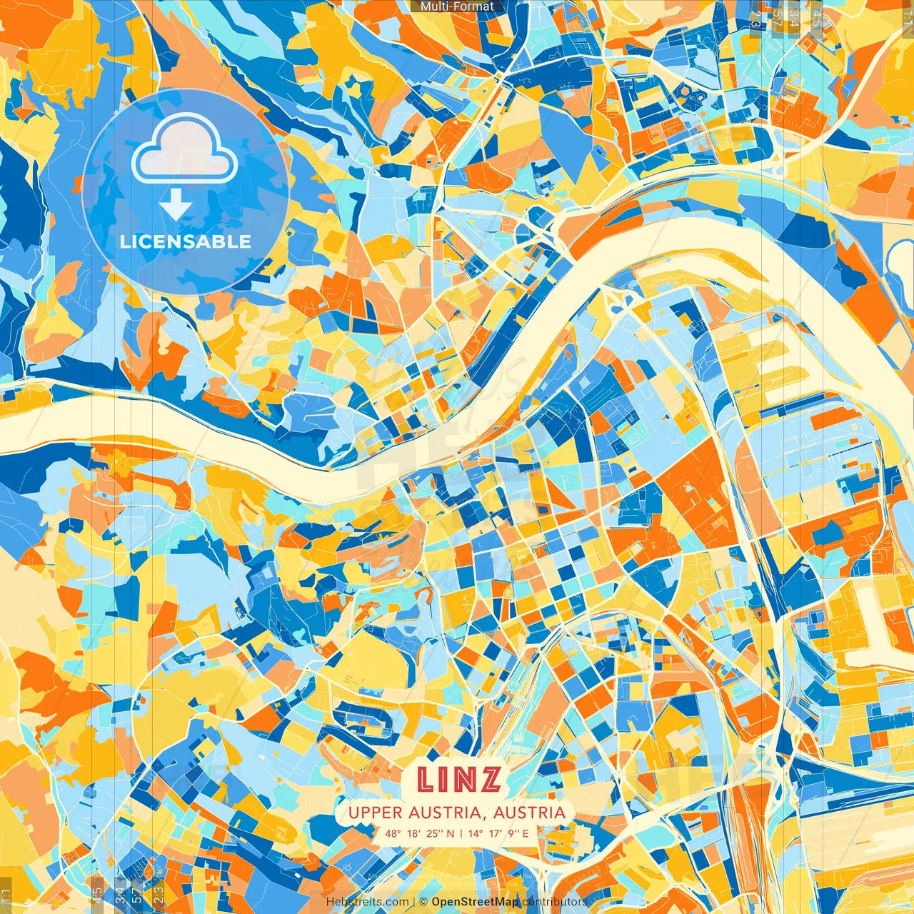 Linz, Upper Austria, Austria blue and orange vector art map template