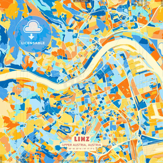 Linz, Upper Austria, Austria blue and orange vector art map template