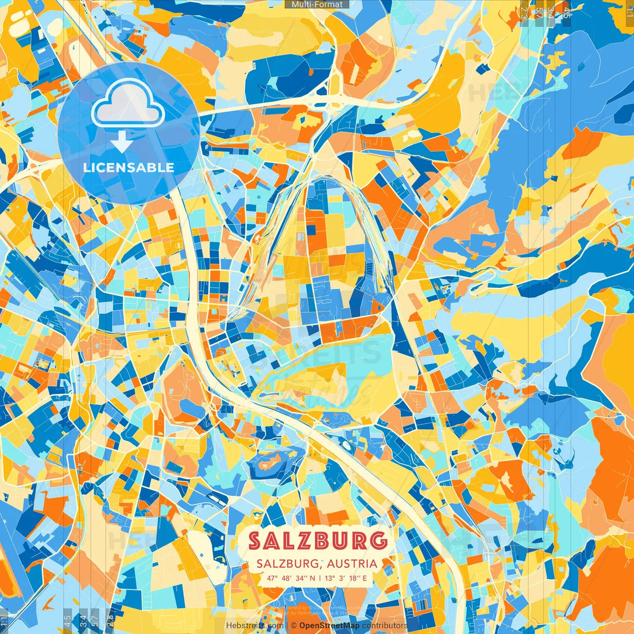 Salzburg, Salzburg, Austria blue and orange vector art map template