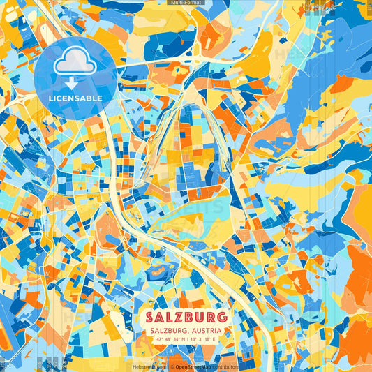 Salzburg, Salzburg, Austria blue and orange vector art map template