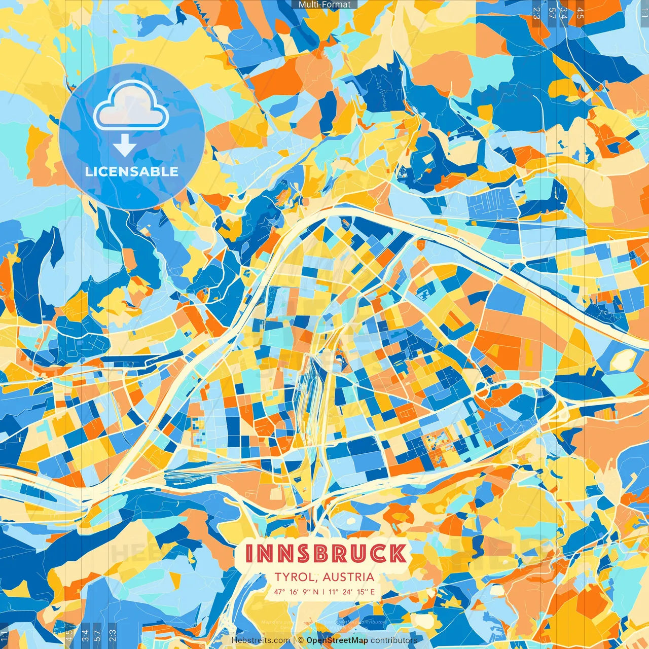 Innsbruck, Tyrol, Austria blue and orange vector art map template