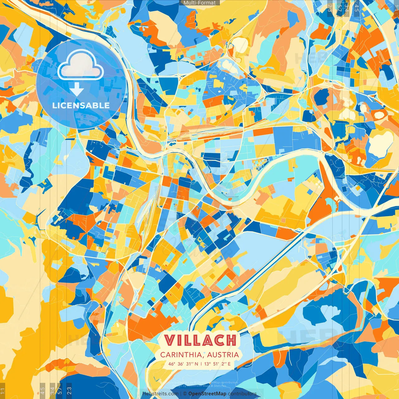 Villach, Carinthia, Austria blue and orange vector art map template