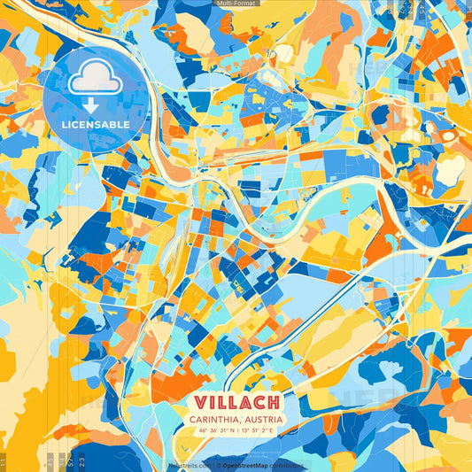 Villach, Carinthia, Austria blue and orange vector art map template