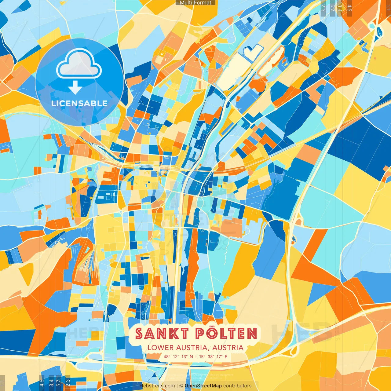 Sankt Pölten, Lower Austria, Austria blue and orange vector art map template