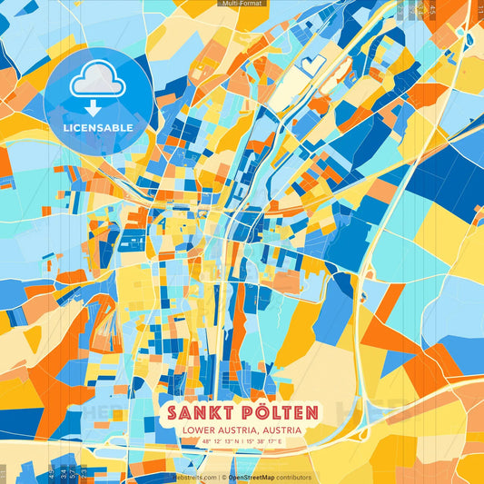 Sankt Pölten, Lower Austria, Austria blue and orange vector art map template