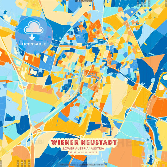 Wiener Neustadt, Lower Austria, Austria blue and orange vector art map template
