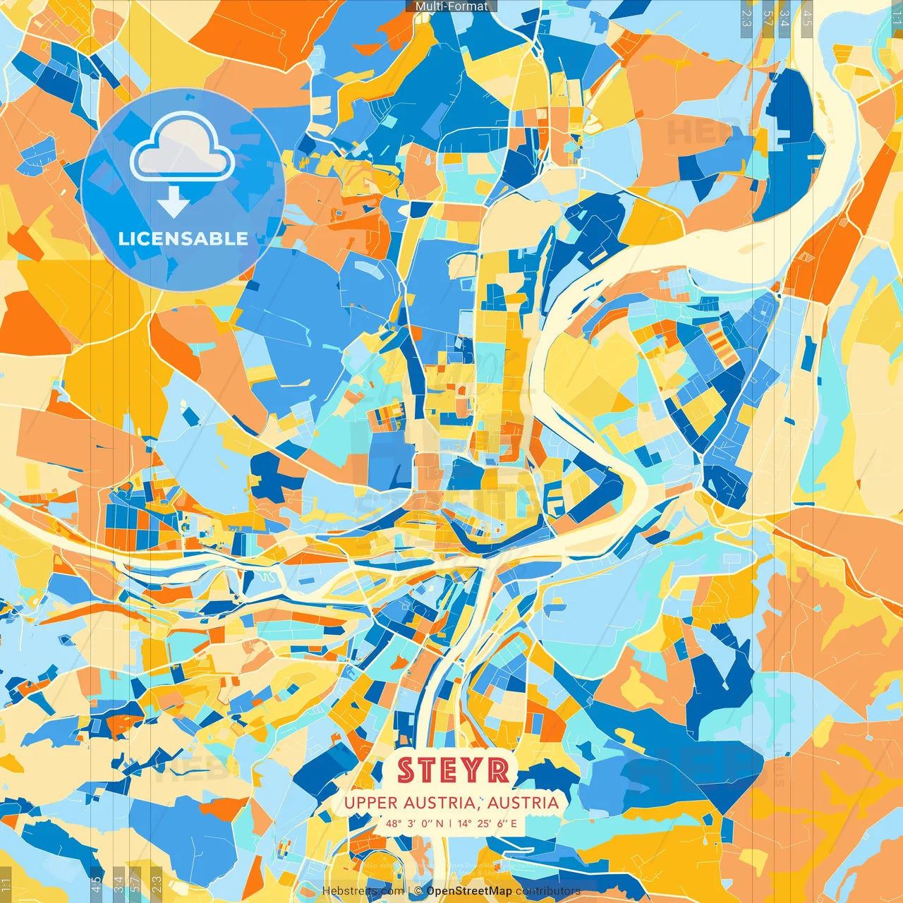 Steyr, Upper Austria, Austria blue and orange vector art map template