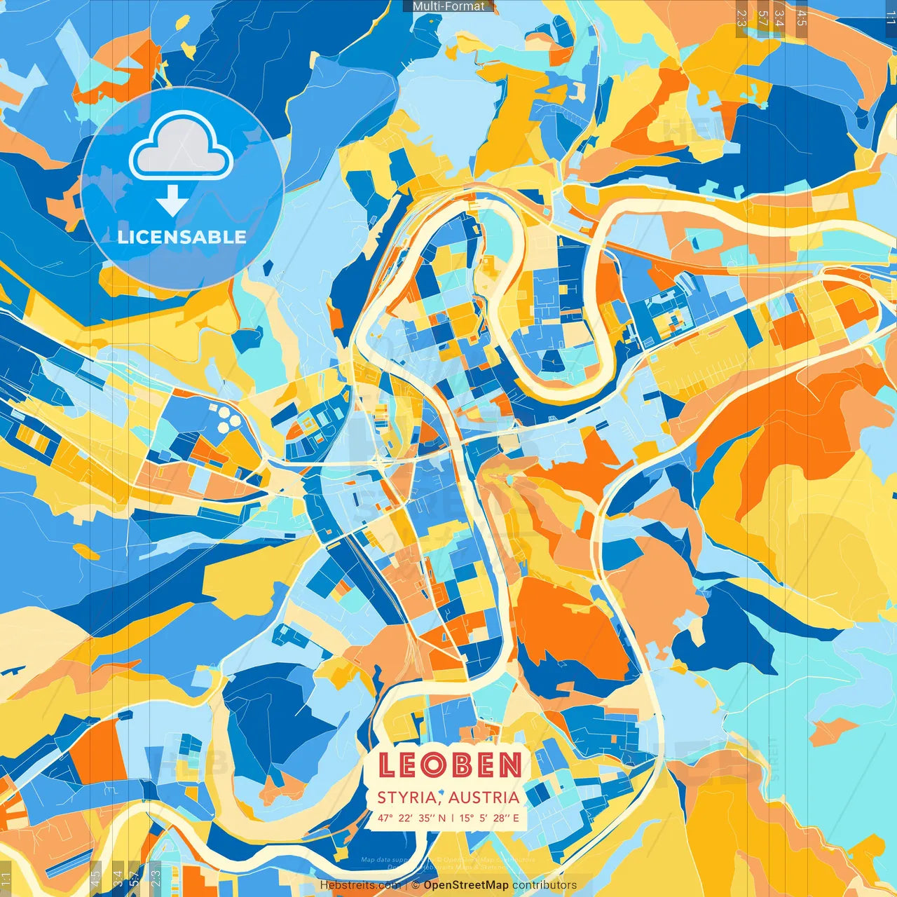 Leoben, Styria, Austria blue and orange vector art map template