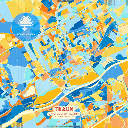 Traun, Upper Austria, Austria blue and orange vector art map template
