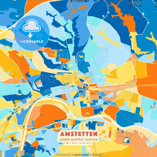Amstetten, Lower Austria, Austria blue and orange vector art map template