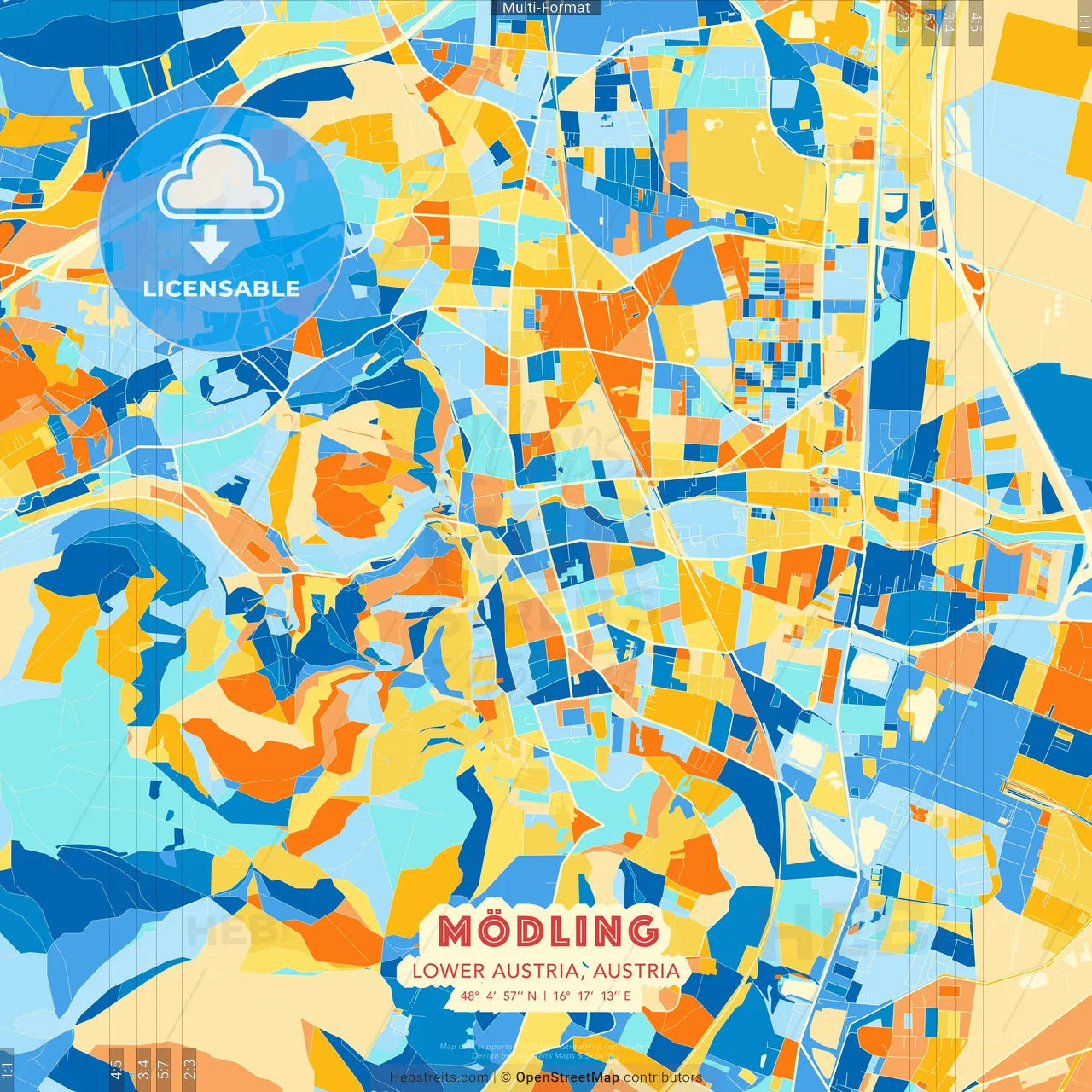 Mödling, Lower Austria, Austria blue and orange vector art map template