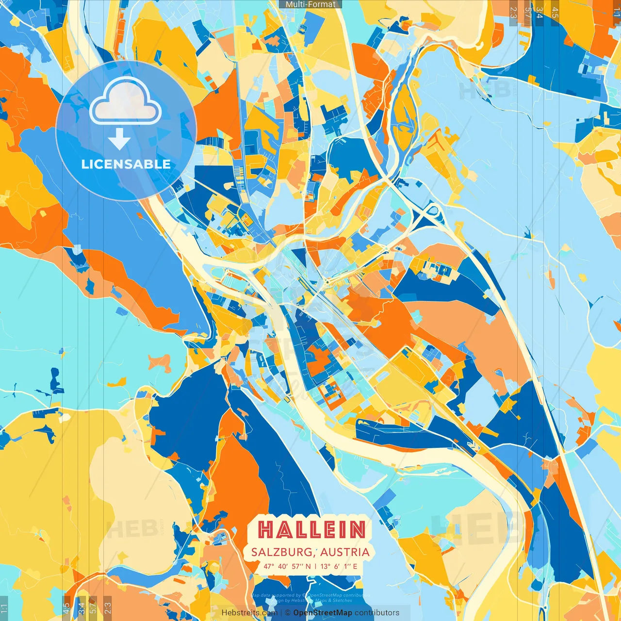 Hallein, Salzburg, Austria blue and orange vector art map template
