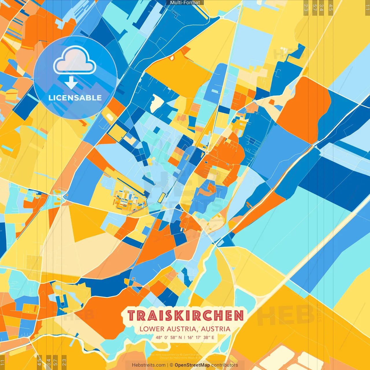 Traiskirchen, Lower Austria, Austria blue and orange vector art map template