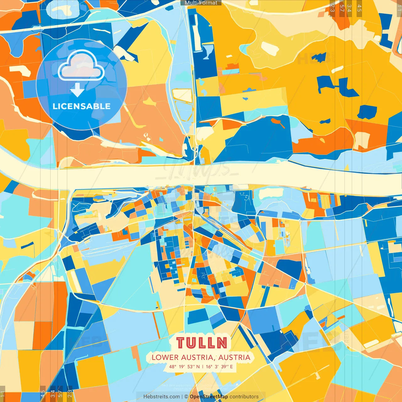 Tulln, Lower Austria, Austria blue and orange vector art map template