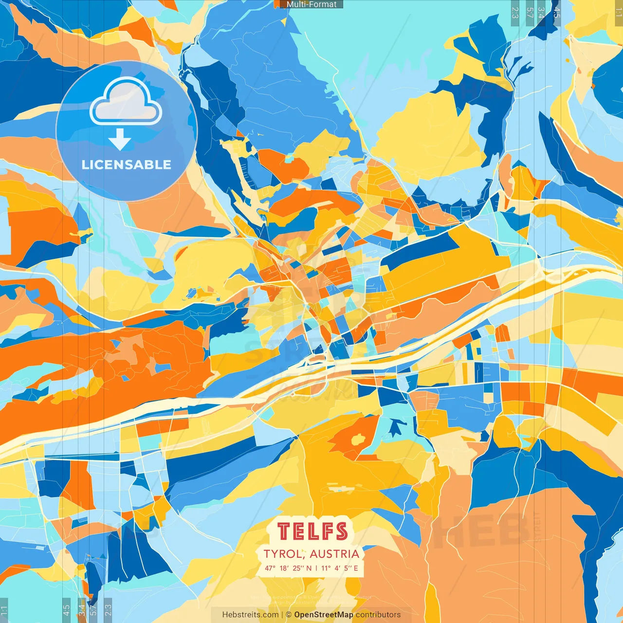 Telfs, Tyrol, Austria blue and orange vector art map template