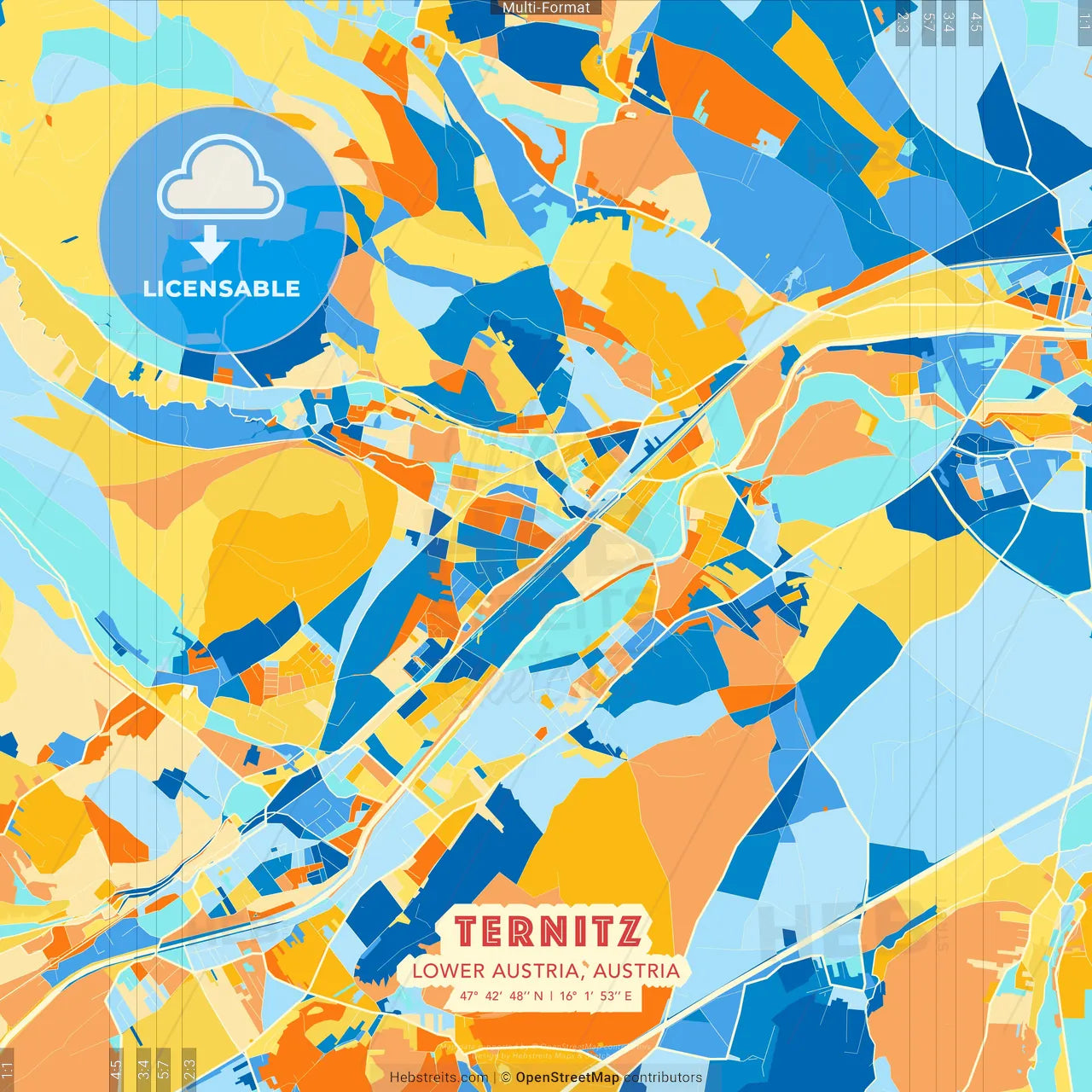 Ternitz, Lower Austria, Austria blue and orange vector art map template