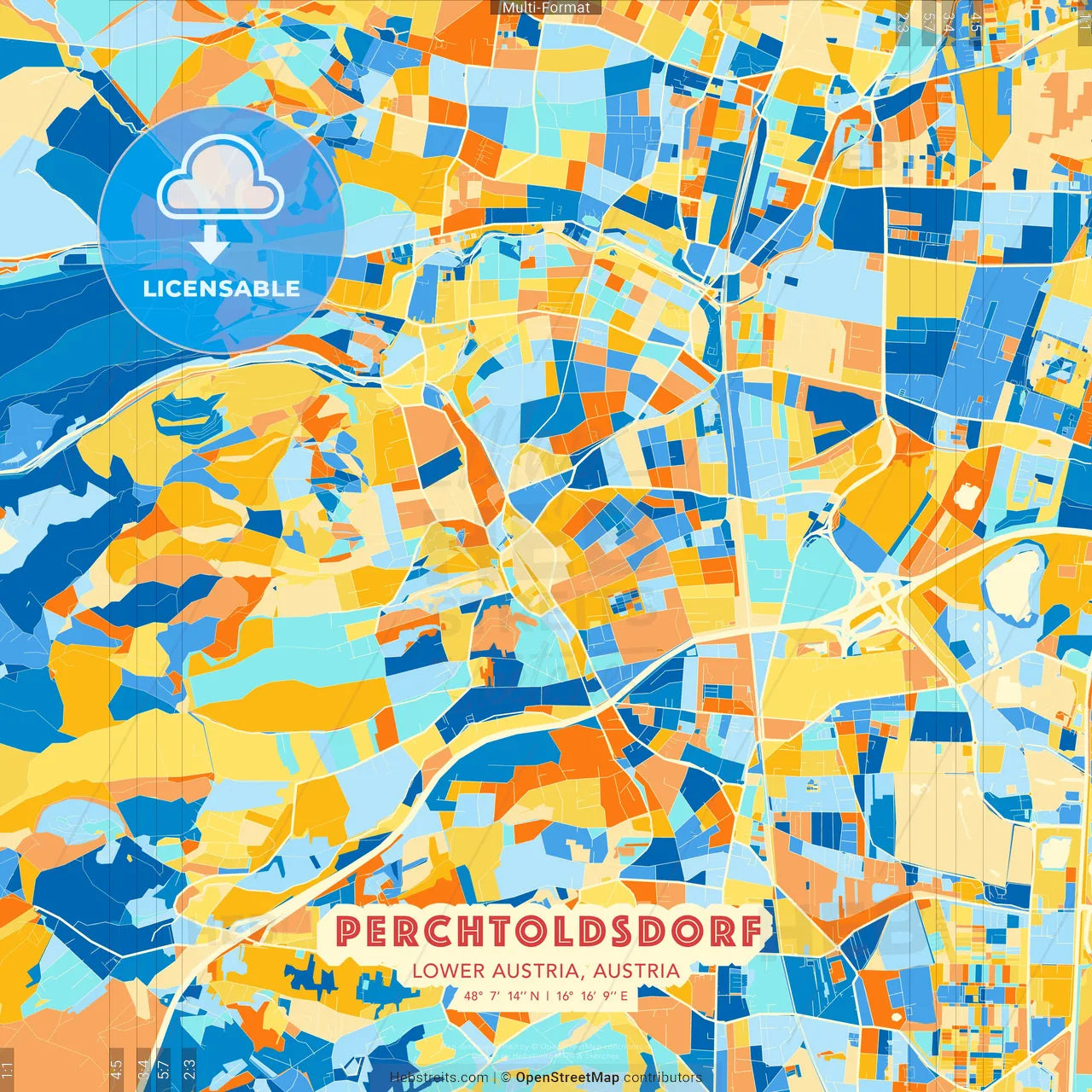 Perchtoldsdorf, Lower Austria, Austria blue and orange vector art map template
