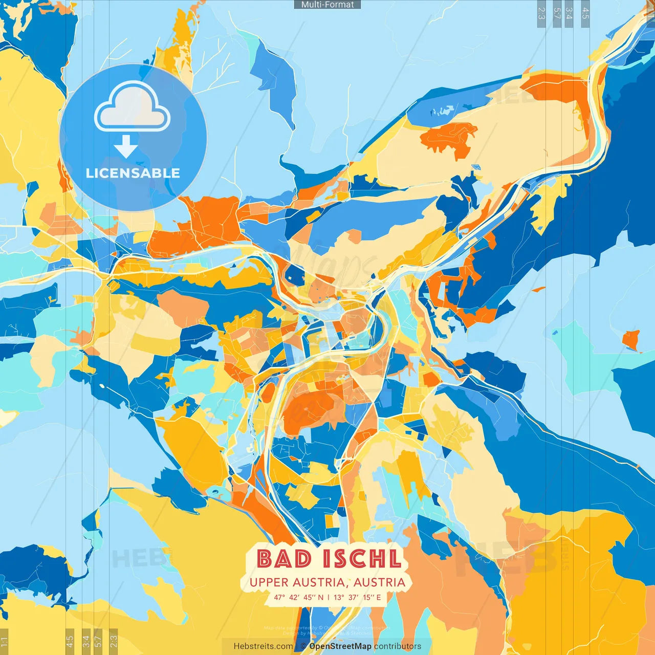 Bad Ischl, Upper Austria, Austria blue and orange vector art map template