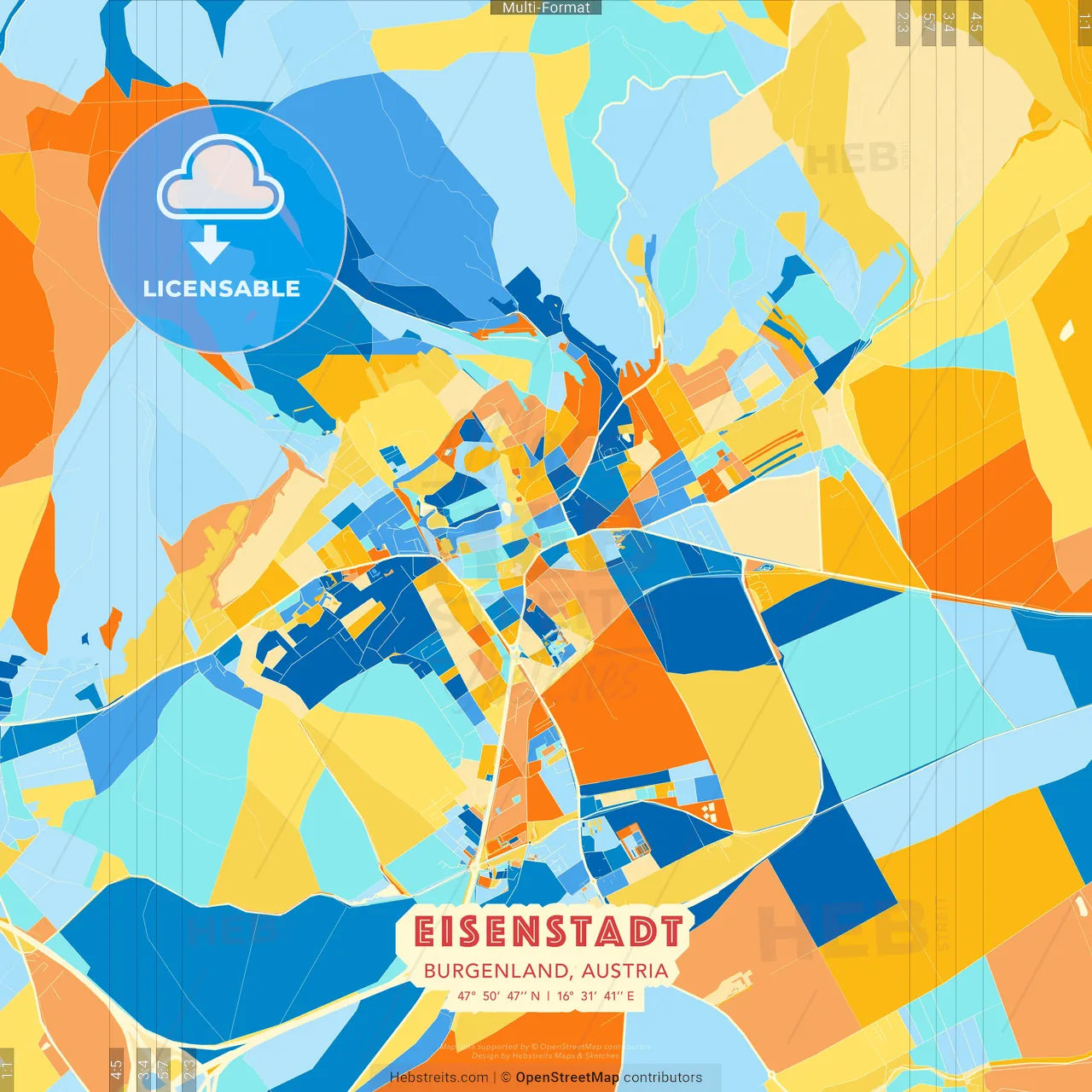 Eisenstadt, Burgenland, Austria blue and orange vector art map template