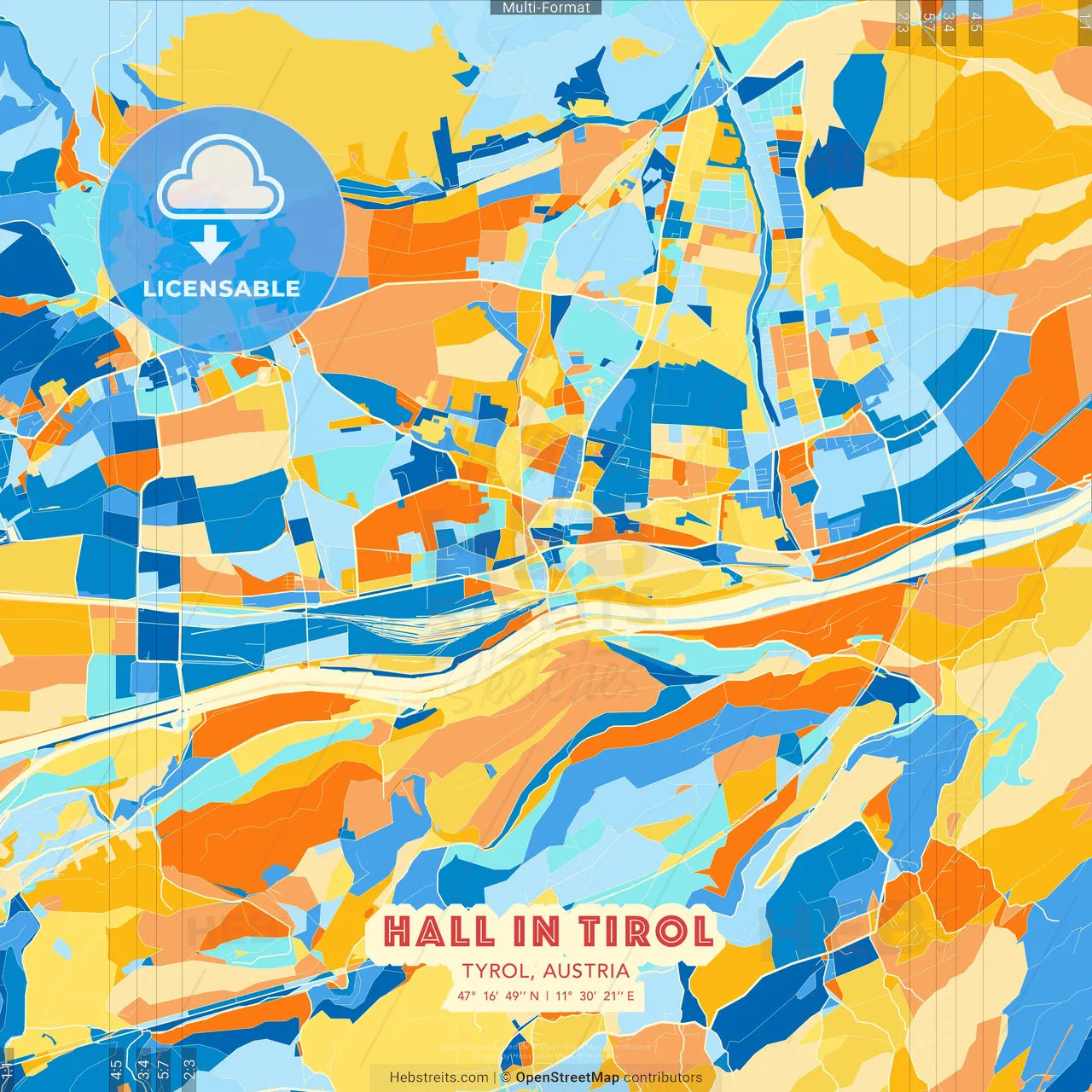 Hall in Tirol, Tyrol, Austria blue and orange vector art map template