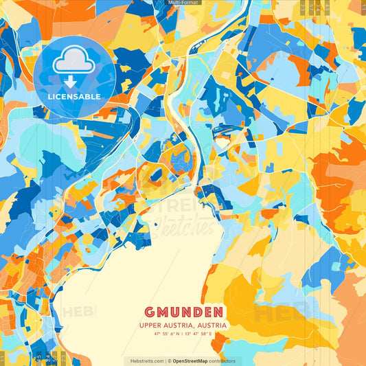 Gmunden, Upper Austria, Austria blue and orange vector art map template
